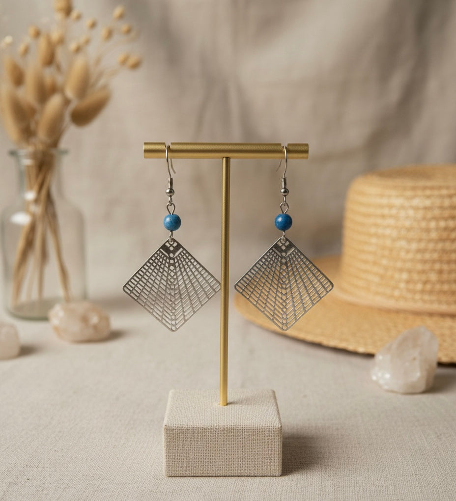 Boucle d’oreille en acier inoxydable et Apatite bleu