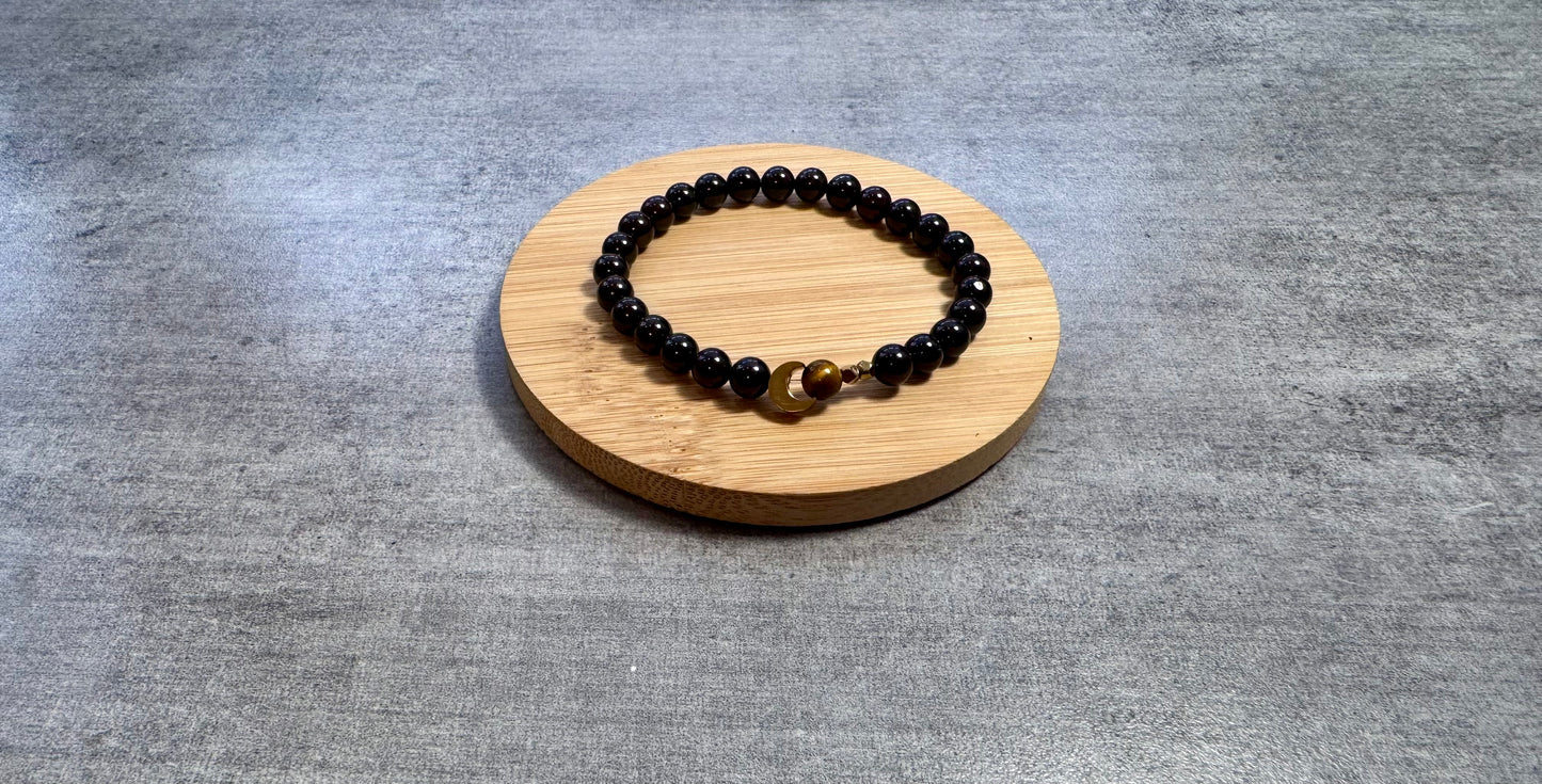 Bracelet en grenat,œil de tigre et demi lune acier inoxydable