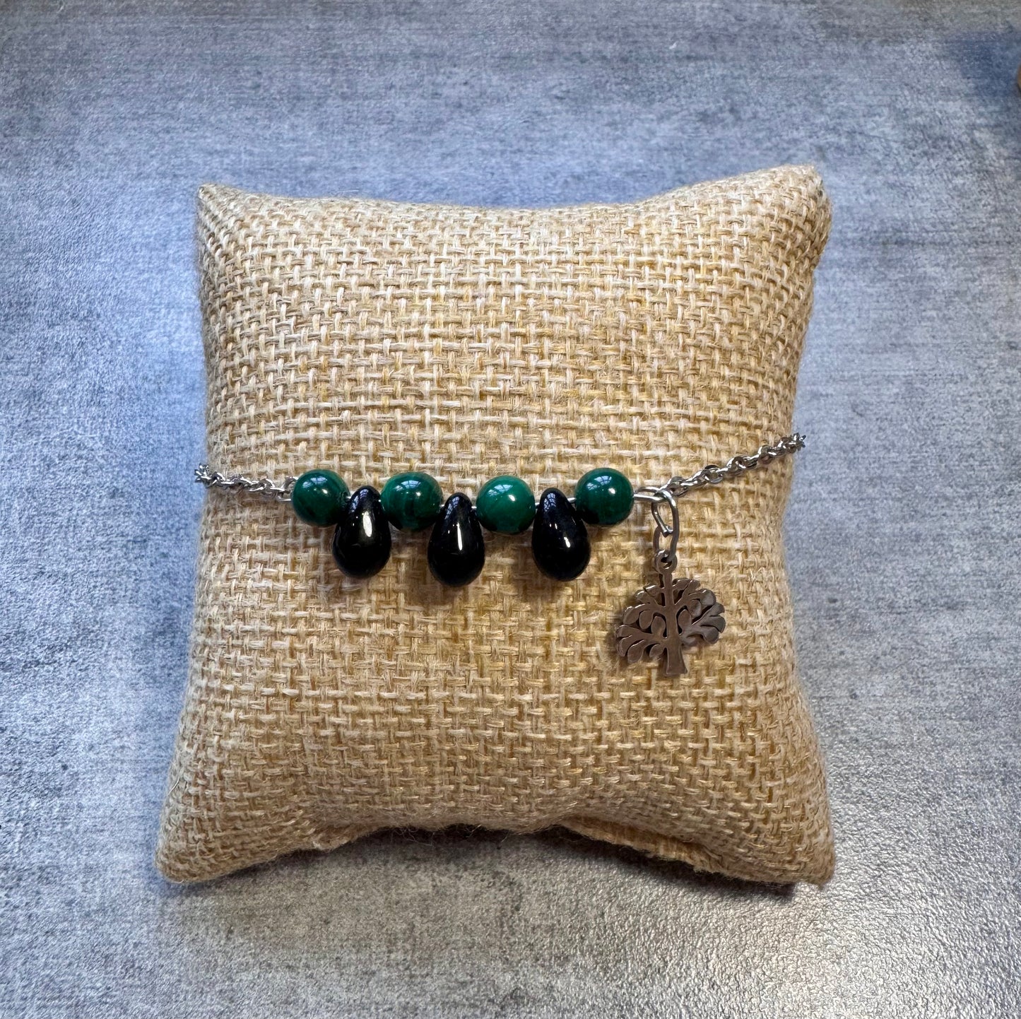 Bracelet ajustable en tourmaline, malachite et acier inoxydable ✨