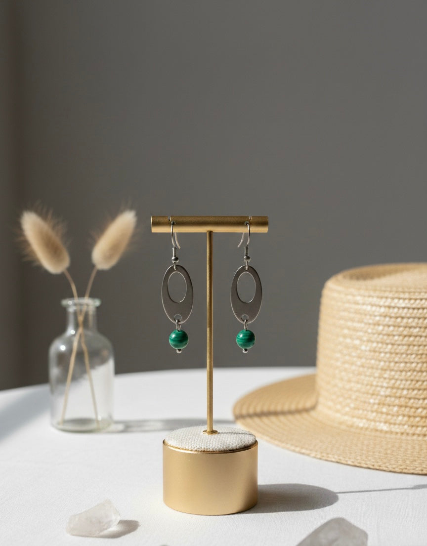 Boucle d’oreille en acier inoxydable et malachite