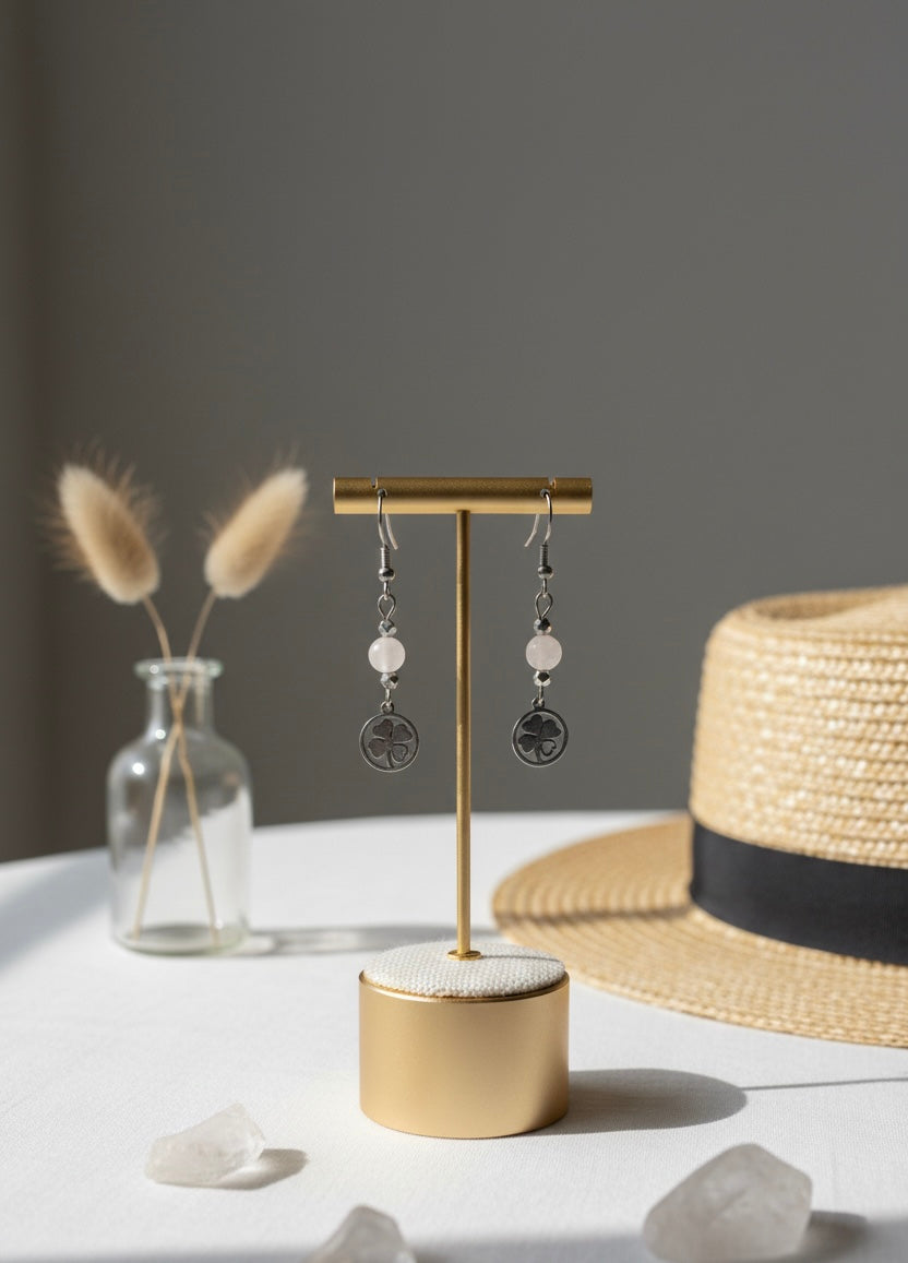 Boucle d’oreille en acier inoxydable et  quartz rose
