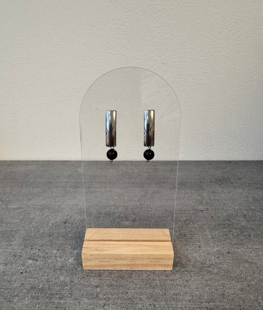 Boucle d’oreille en acier inoxydable et obsidienne Noir