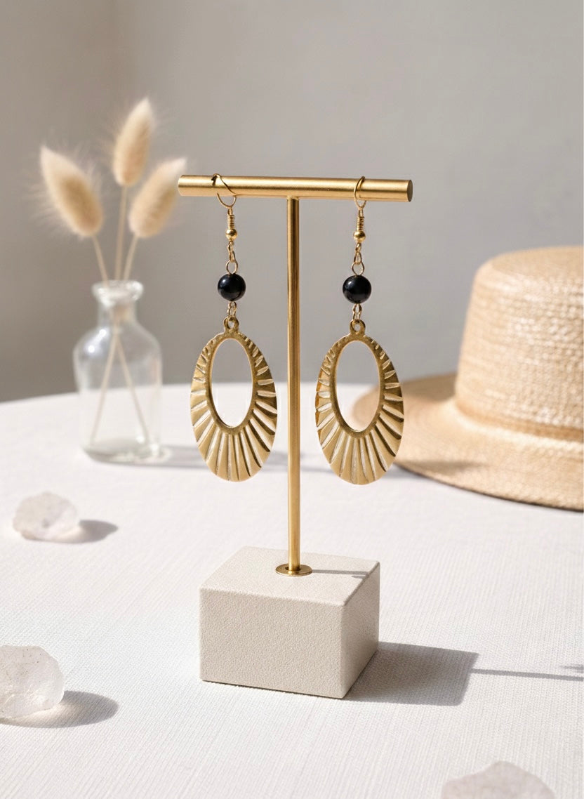 Boucle d’oreille en acier inoxydable et obsidienne Noir