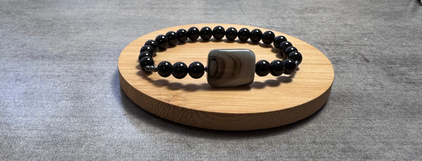 Bracelet en Obsidienne , et agate grise