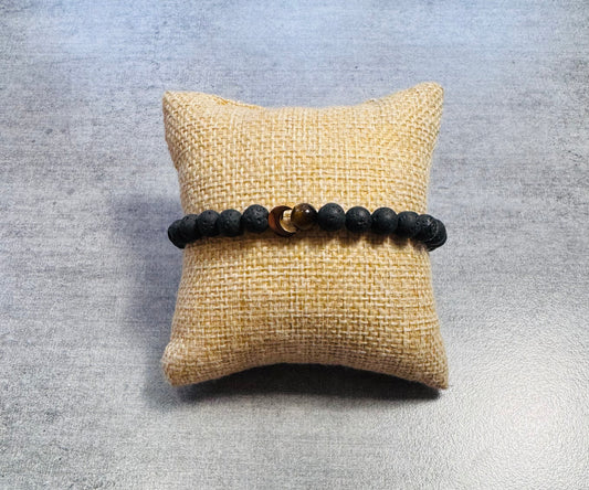 Bracelet en Oeil de tigre et pierre de lave, demi lune en acier