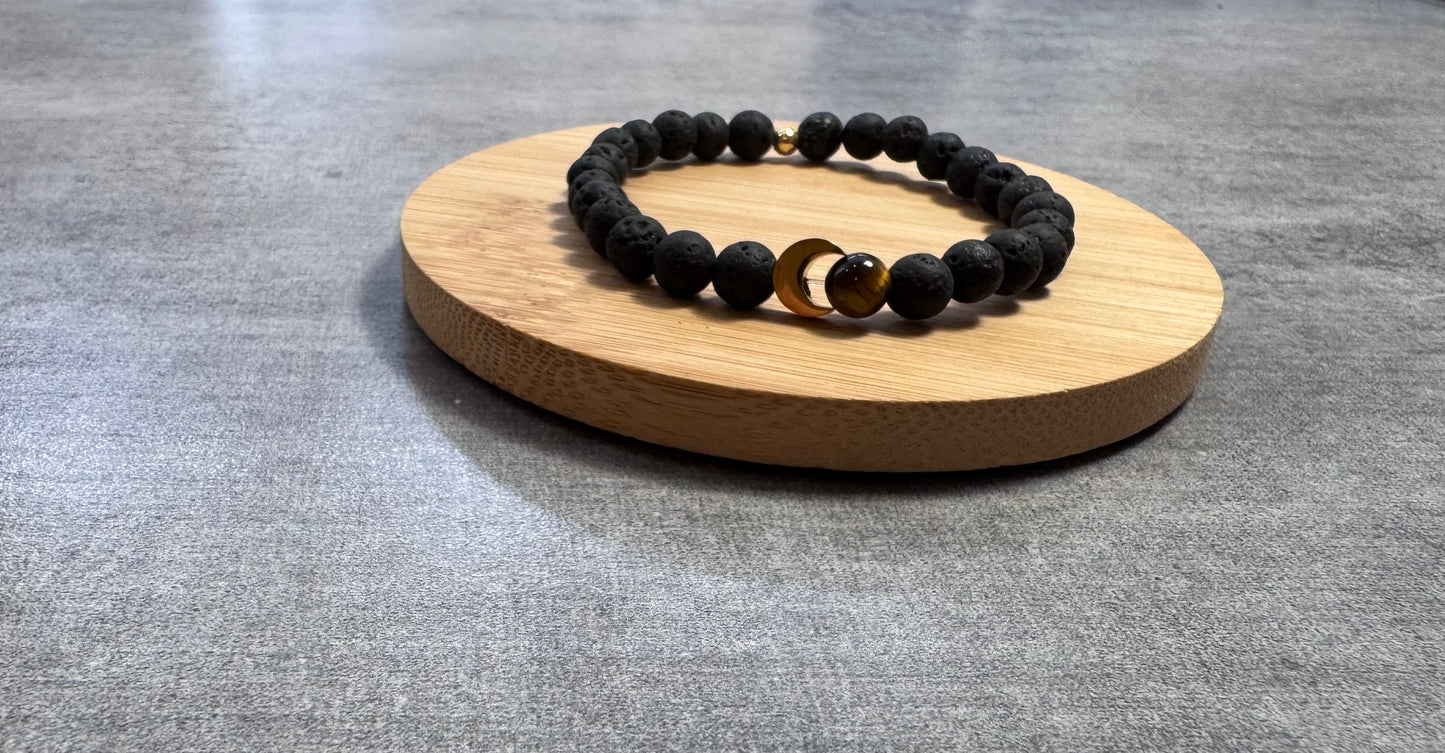 Bracelet en Oeil de tigre et pierre de lave, demi lune en acier