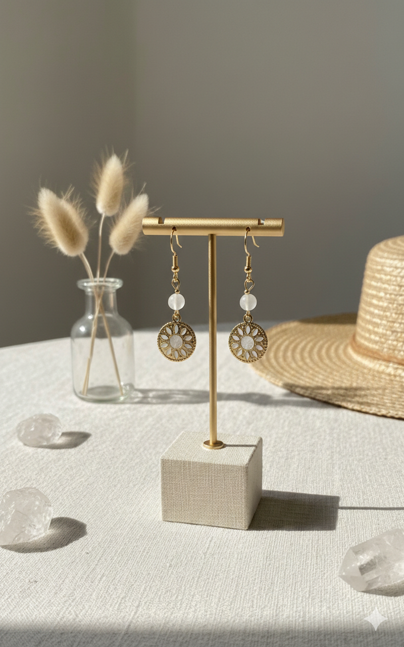 Boucle d’oreille en acier inoxydable et pierre de lune blanche