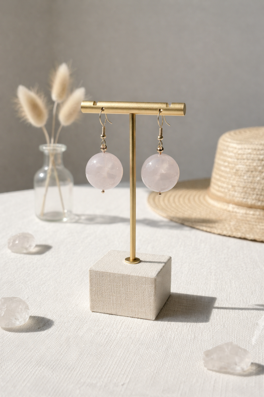 Boucle d’oreille en acier inoxydable et  quartz rose