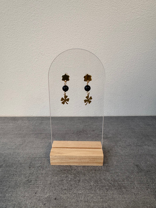 Boucle d’oreille en acier inoxydable et obsidienne Noir