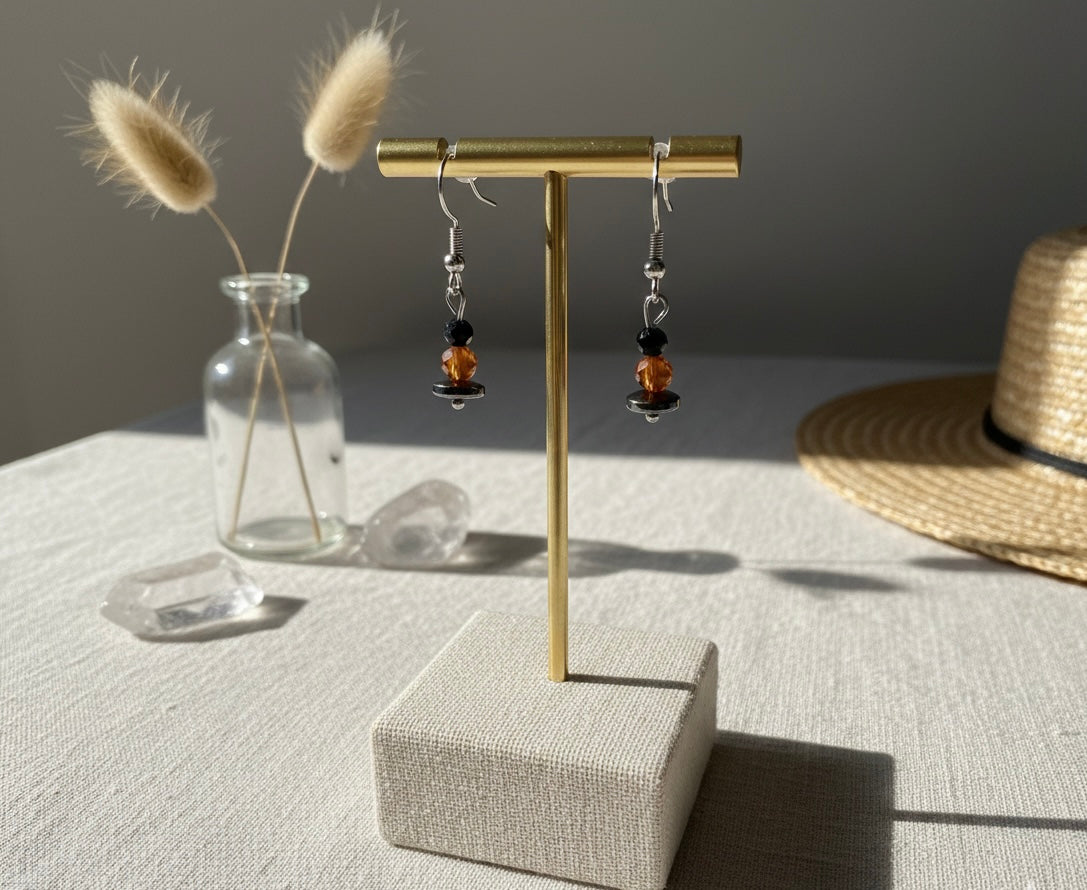 Boucle d’oreille en acier inoxydable et hématite, grenat, obsidienne