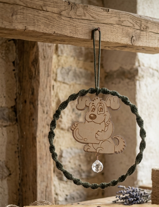 Chien attrape soleil bois et macramé vert